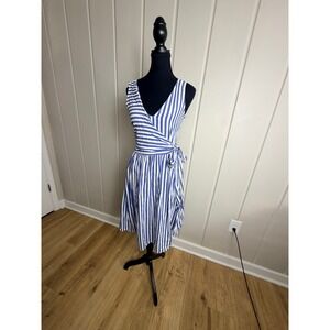 Mango Casual Blue White Striped Sleeveless Faux Wrap Dress Size 2 XS Nautical